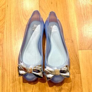 Melissa Mel Blue Jelly Flats with Silver Bow